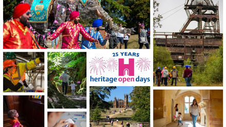 A collage of highlights from the 20219 festival. People walking in woods, around historic houses and hard hat tours