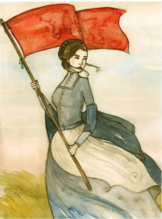 Illustration of woman in blue dress and white apron holding a red flag.