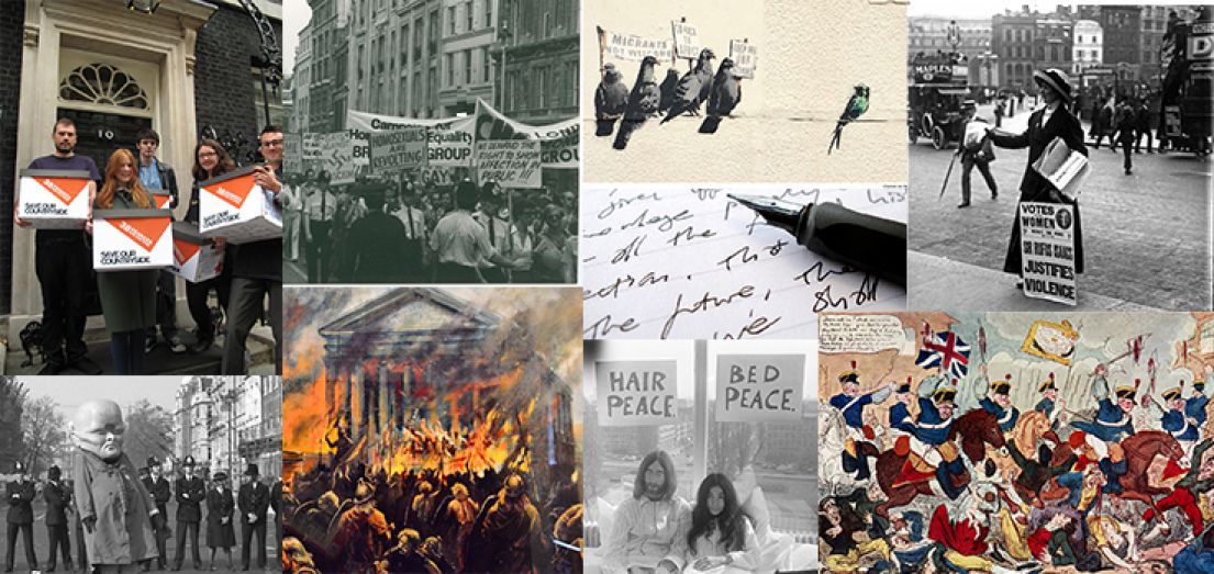 A collage of images showing people power - people protesting, propaganda images, suffragettes and paintings of war. 
