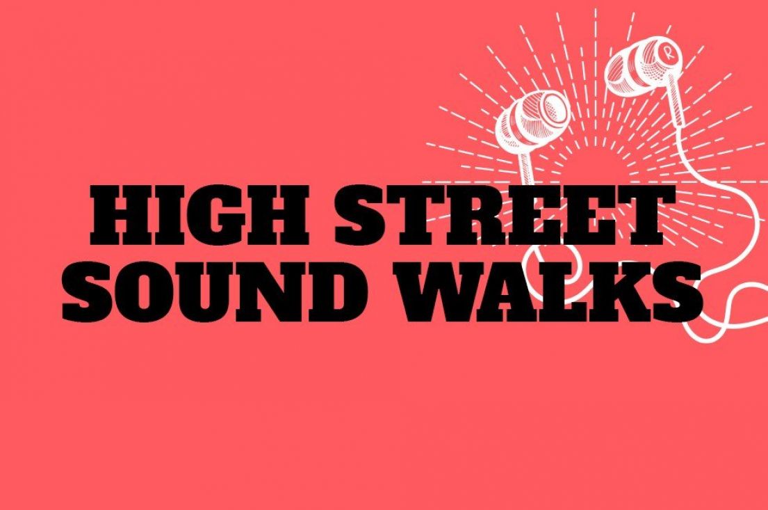 A small read Poster that reads 'High Street Sound Walks' which has the image of a pair of white headphones.