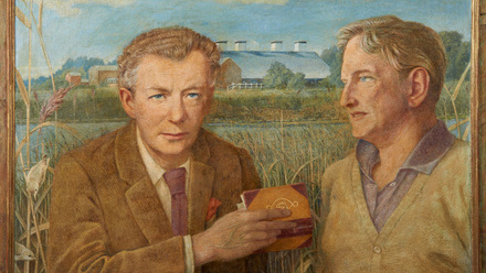 Painting of two men against a river reeds background and a building on the far bank.