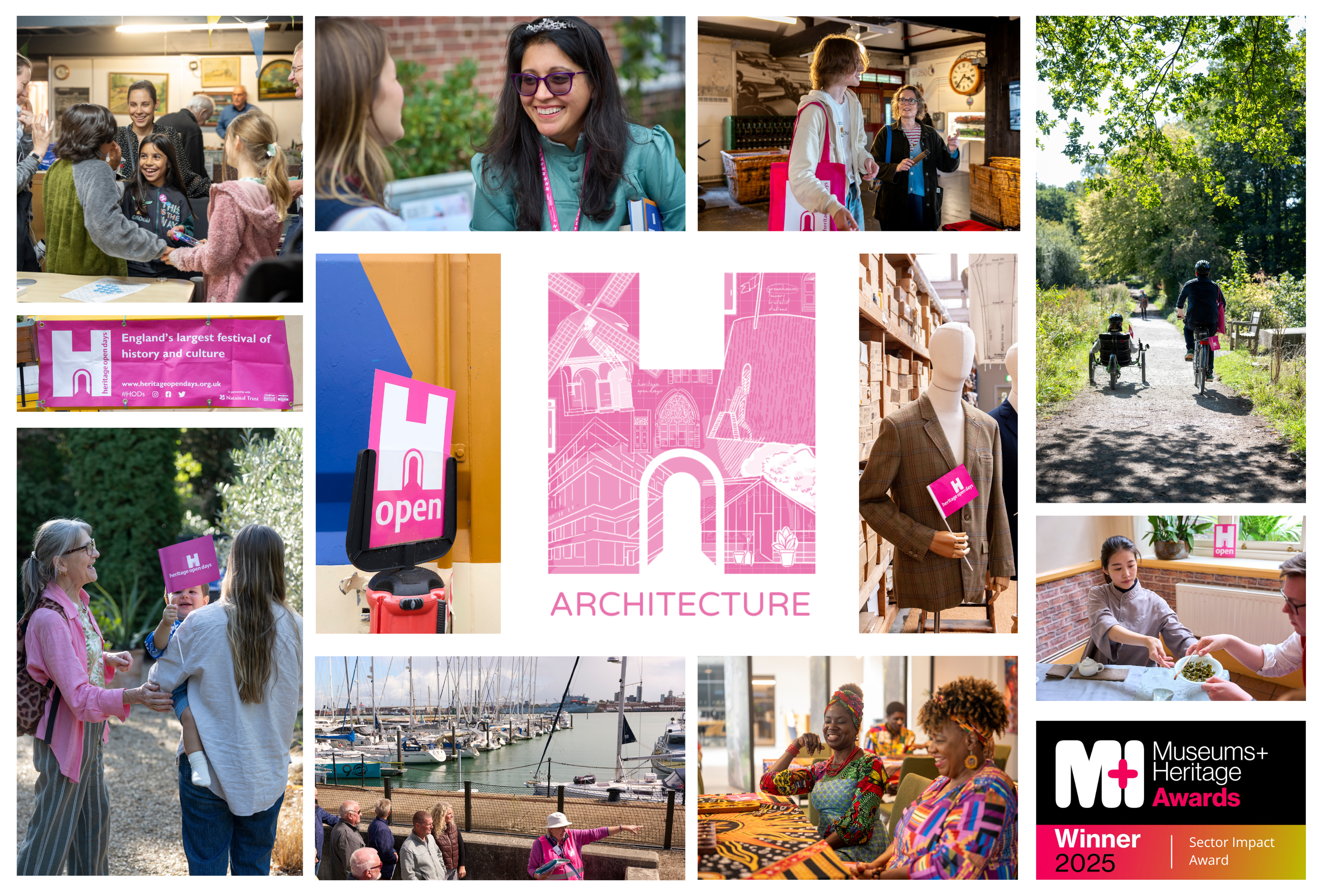 Collage of Heritage Open Days events from 2025 featuring people enjoying themselves. featuring an architecture themed festival logo + M&H award logo