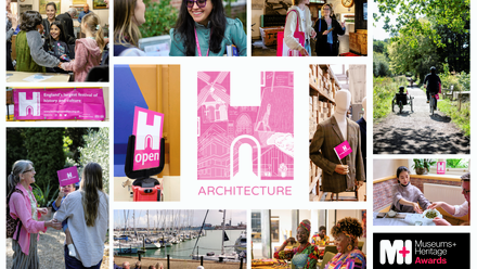 Collage of Heritage Open Days events from 2025 featuring people enjoying themselves. featuring an architecture themed festival logo + M&H award logo