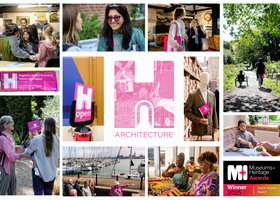 Collage of Heritage Open Days events from 2025 featuring people enjoying themselves. featuring an architecture themed festival logo + M&H award logo