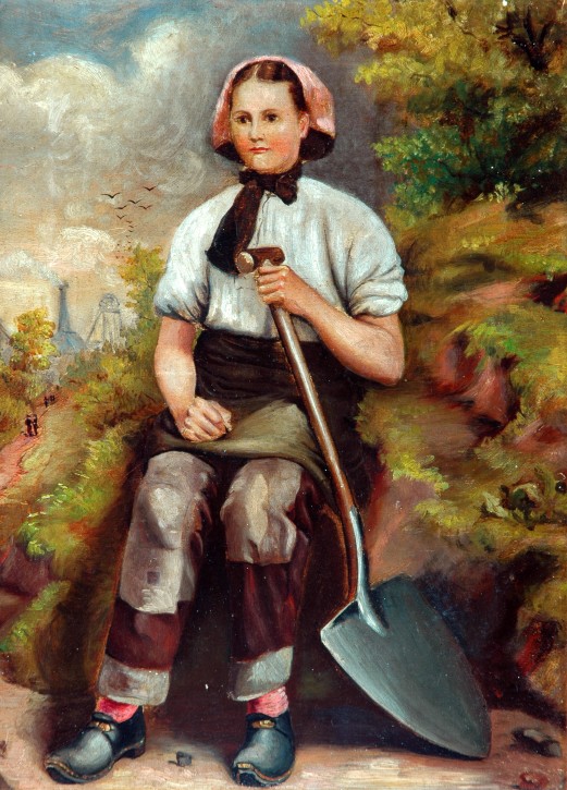 Painting of a woman in trousers and rolled up sleeves, sat on a hillside, holding a shovel.