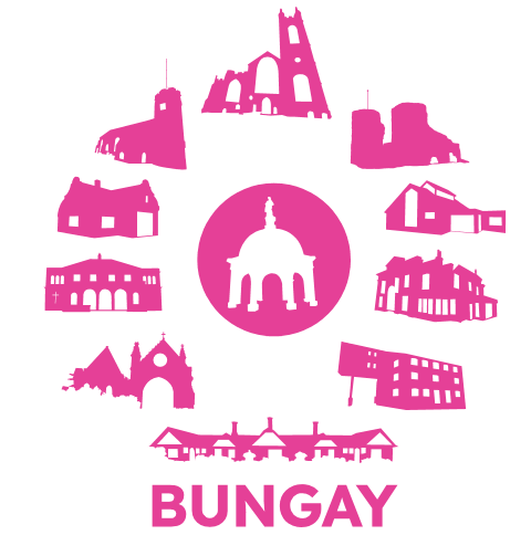 Logo - 10 pink building silhouettes set in a circle.