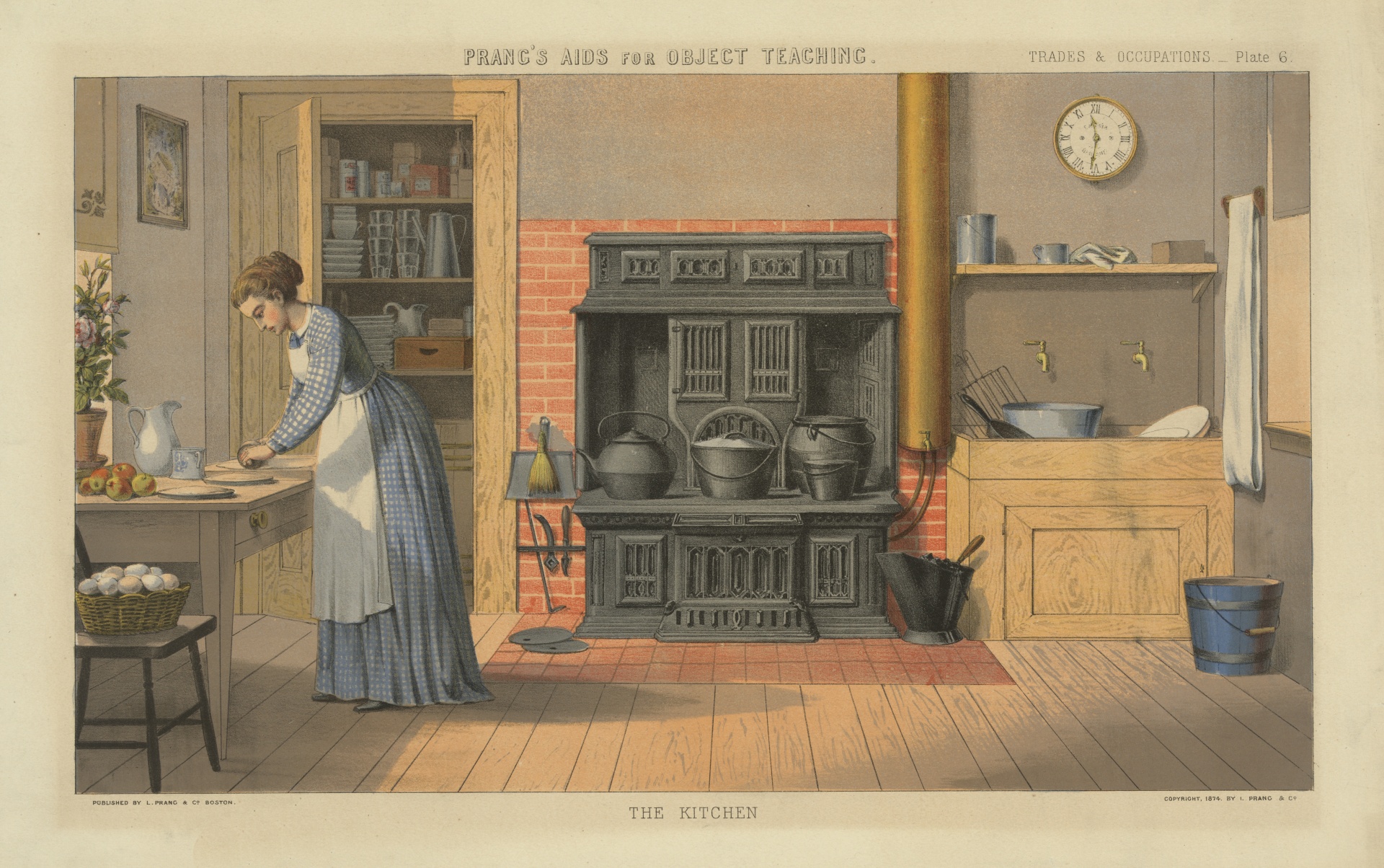 Illustration of a woman in a long gown and white apron rolling pastry in a kitchen with a cast iron range.