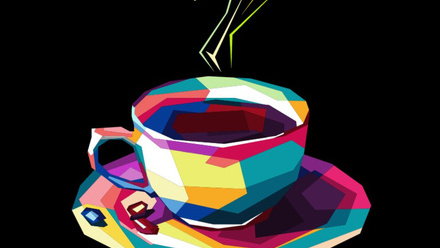 An abstract colourful drawing of a full steaming cup of tea, sat in a saucer.