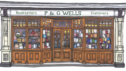 Illustration of a double bay windowed front of a bookshop.