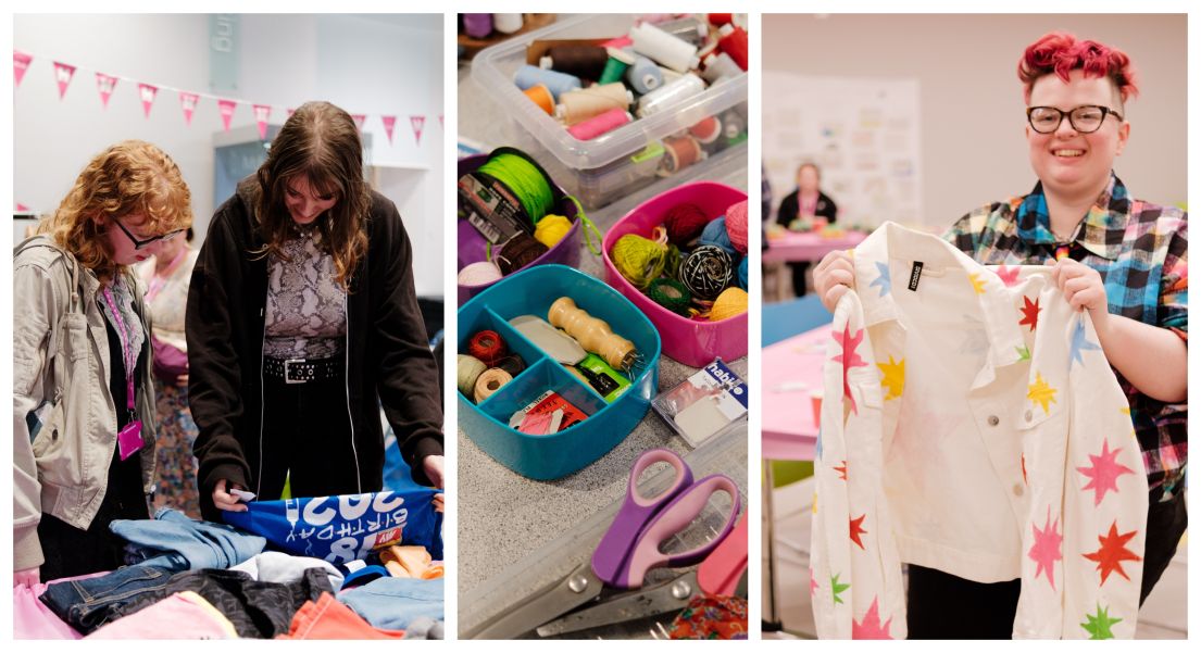 Mosaic of images of young adults looking through clothes and sewing tools to customise them.