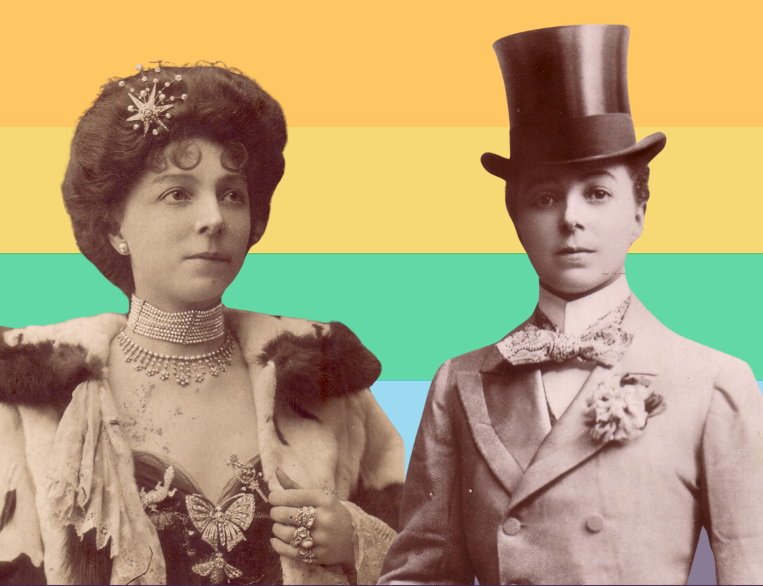 Cut outs of a well dressed woman against a rainbow striped background. The first image she's wearing an ornate necklace, the second a top hat..