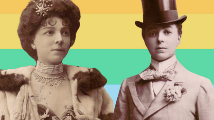 Cut outs of a well dressed woman against a rainbow striped background. The first image she's wearing an ornate necklace, the second a top hat..
