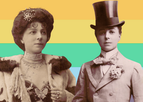 Cut outs of a well dressed woman against a rainbow striped background. The first image she's wearing an ornate necklace, the second a top hat..