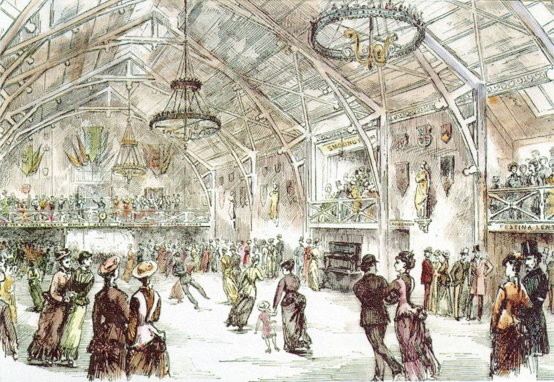 An illustration of Victorian people skating in a hall with an arched wooden roof.