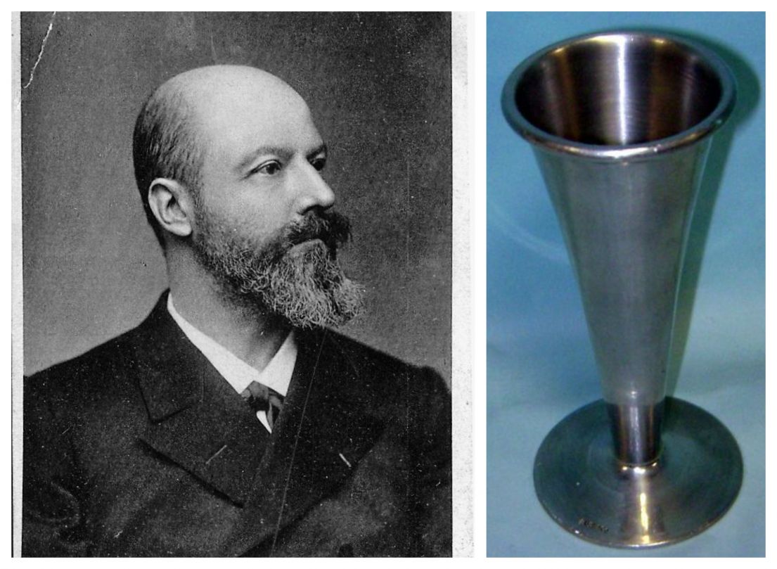(L) a black and white image of a balding man with a well shaped beard, wearing a suit. (R) What looks like a metal flute but is a Pinard Stethoscope.