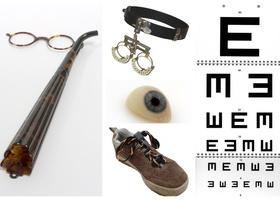 Mosaic of images of visual aids including a letter chart, spectacles and an artificial eye.