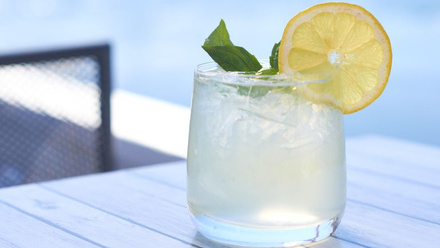 A small glass tumbler with an iced drink, a slice of lemon and mint