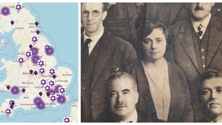 Two images. One of a map of England with highlight points. Then a black and white image of a women with short hair, white shirt, sat amongst men.