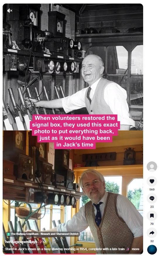 Instagram screenshot with two images of a man pulling the levers in a signal box from past and present.