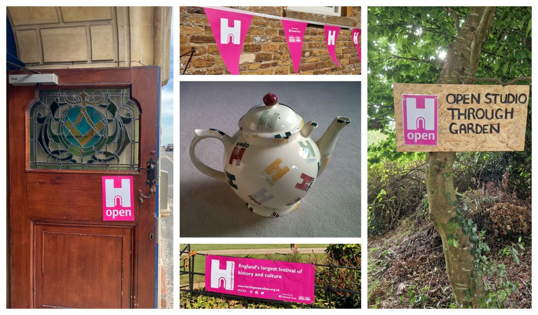 Mosaic of images of pink open signs, a tea-pot decorated with HODs 'H's, doors with Open Signs and bunting in gardens and on buildings.