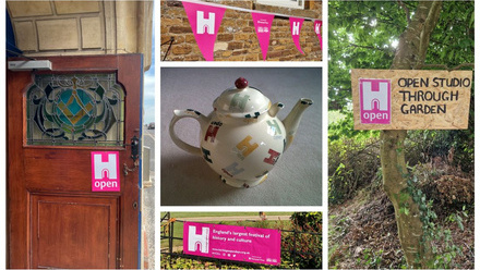 Mosaic of images of pink open signs, a tea-pot decorated with HODs 'H's, doors with Open Signs and bunting in gardens and on buildings.