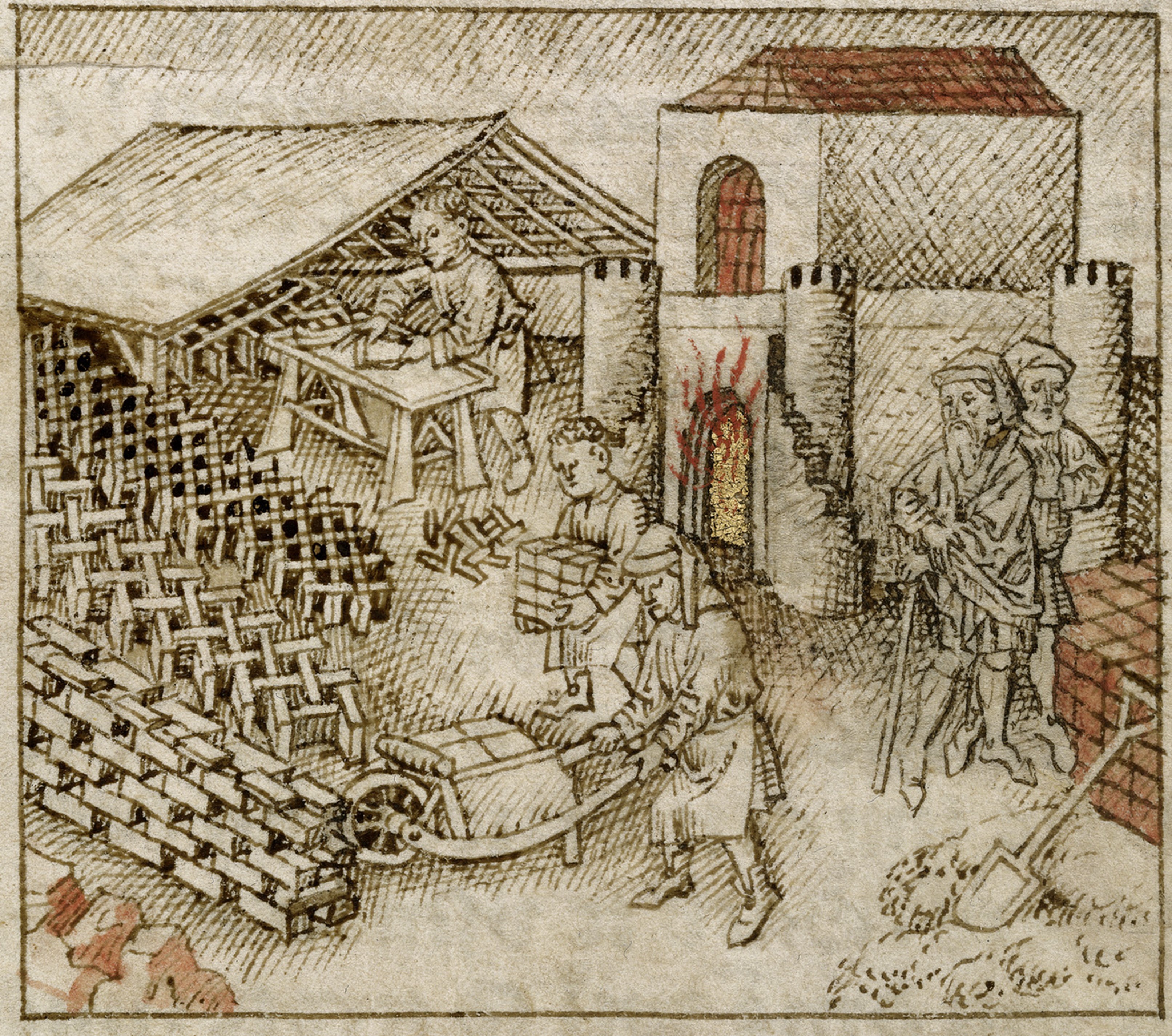 Three medieval men shaping and stacking bricks, overseen by two others in front of a furnace building.