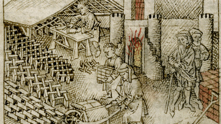 Three medieval men shaping and stacking bricks, overseen by two others in front of a furnace building.