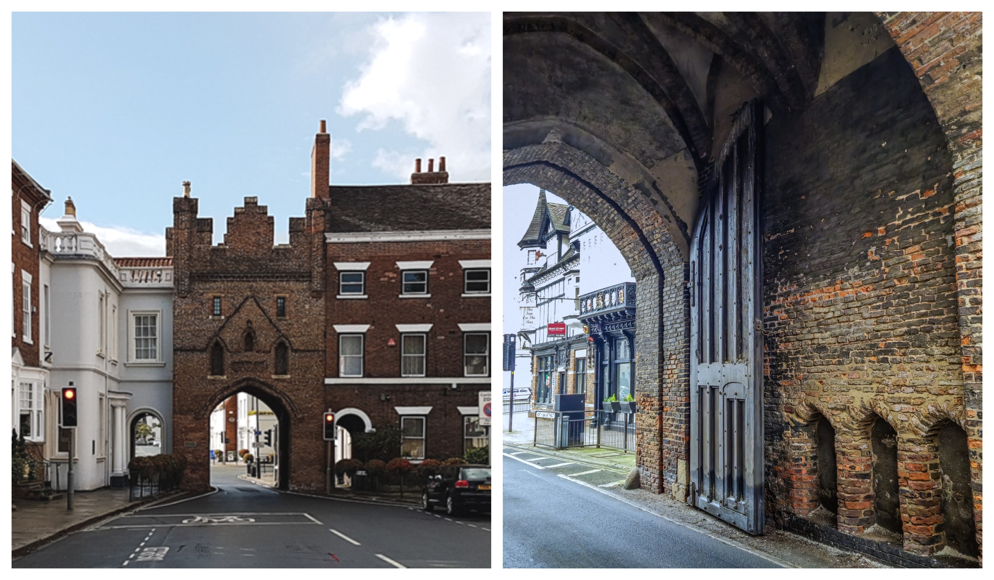 Two photographs of an old vaulted brick archway with an open wooden door.