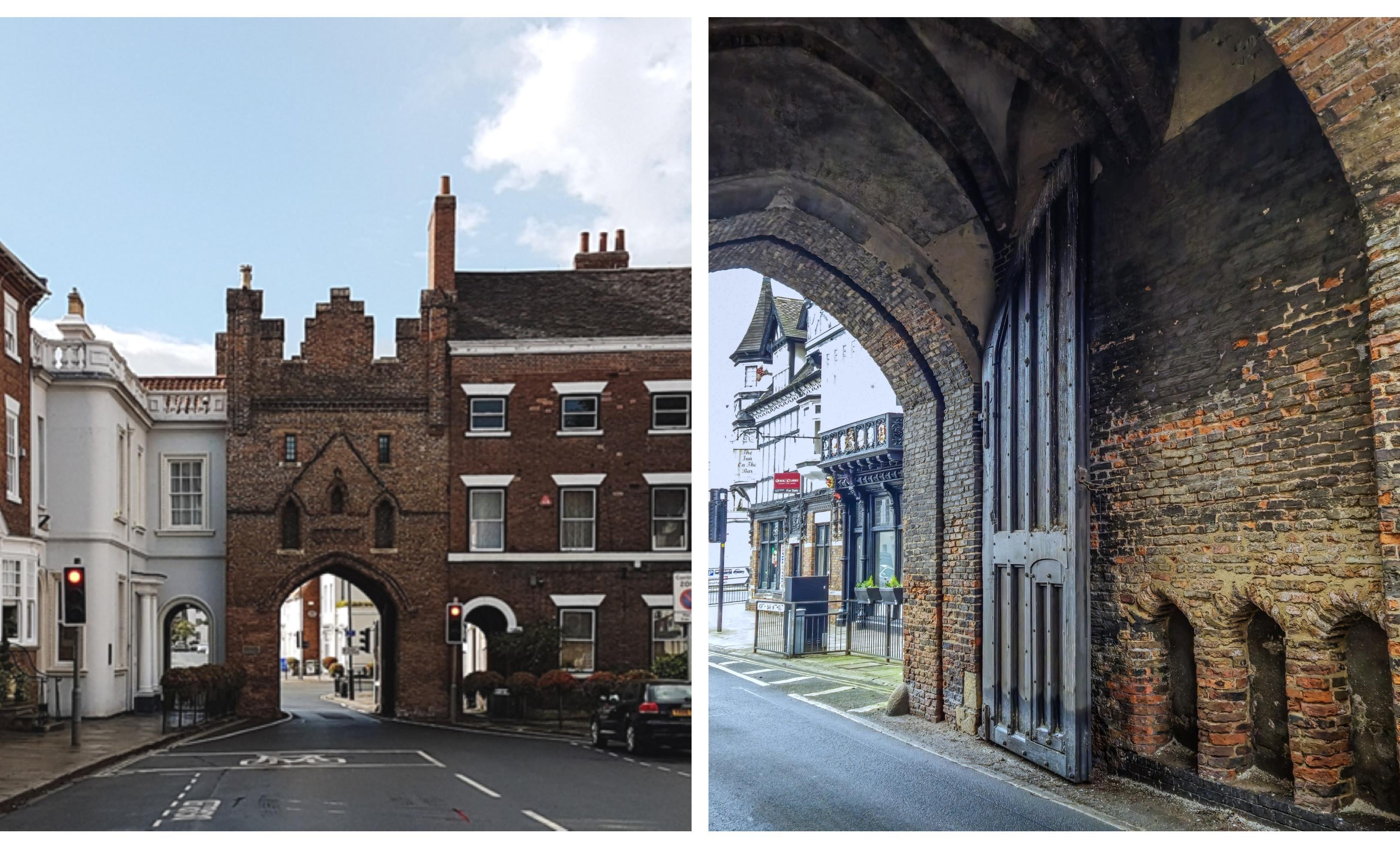 Two photographs of an old vaulted brick archway with an open wooden door.