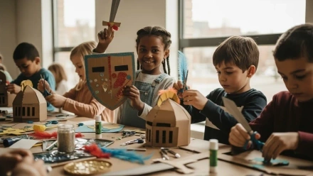 Group of children sat at a table crafting medieval objects.