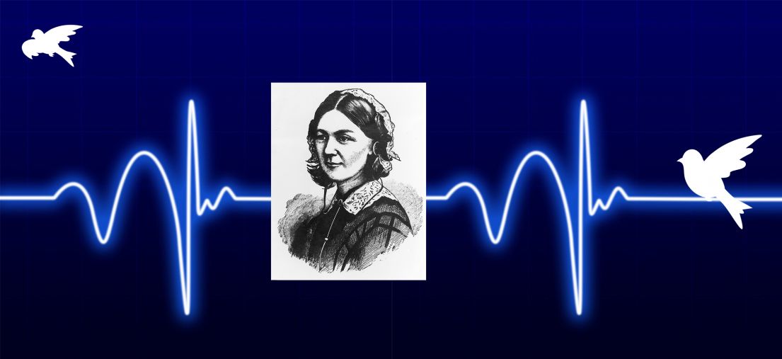 An image of a women in Victorian dress, super-imposed over a heartbeat frequency.