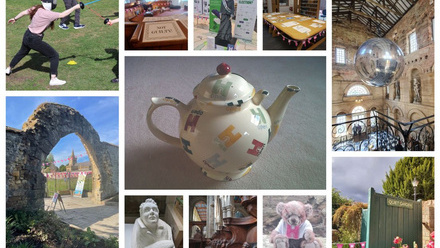 Collage of images, a teddy bear with a white 'H' logo shirt, cathedral pews, stone statues, garden gates, court rooms, lego statues and fencing ladies