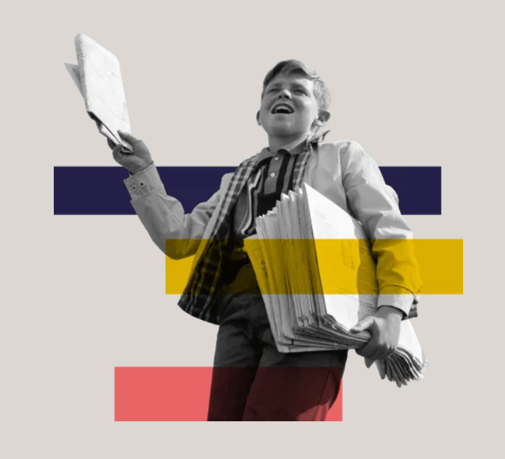 Photo of a paperboy with decorative line overlays in three colours