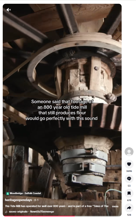 Instagram screenshot of large wooden cogs from a Tide Mill mechanism.