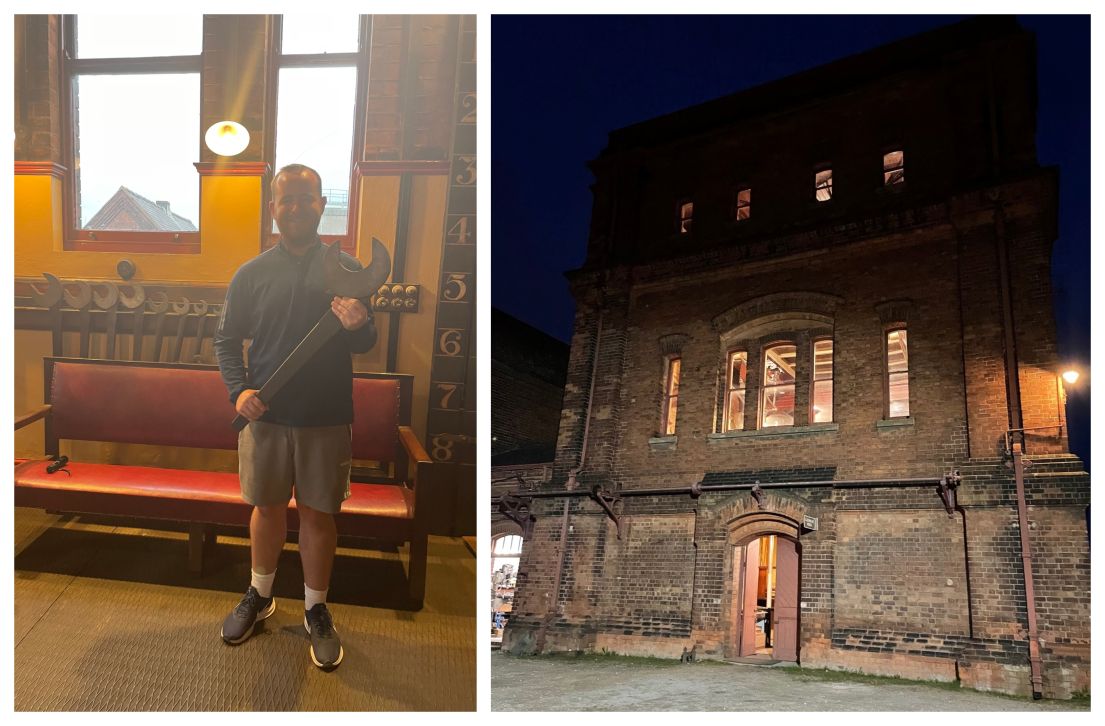 Two images: Man holding giant metal spanner in front of a bench and a row of spanners beneath a window / Tall brick building, its windows lit up.