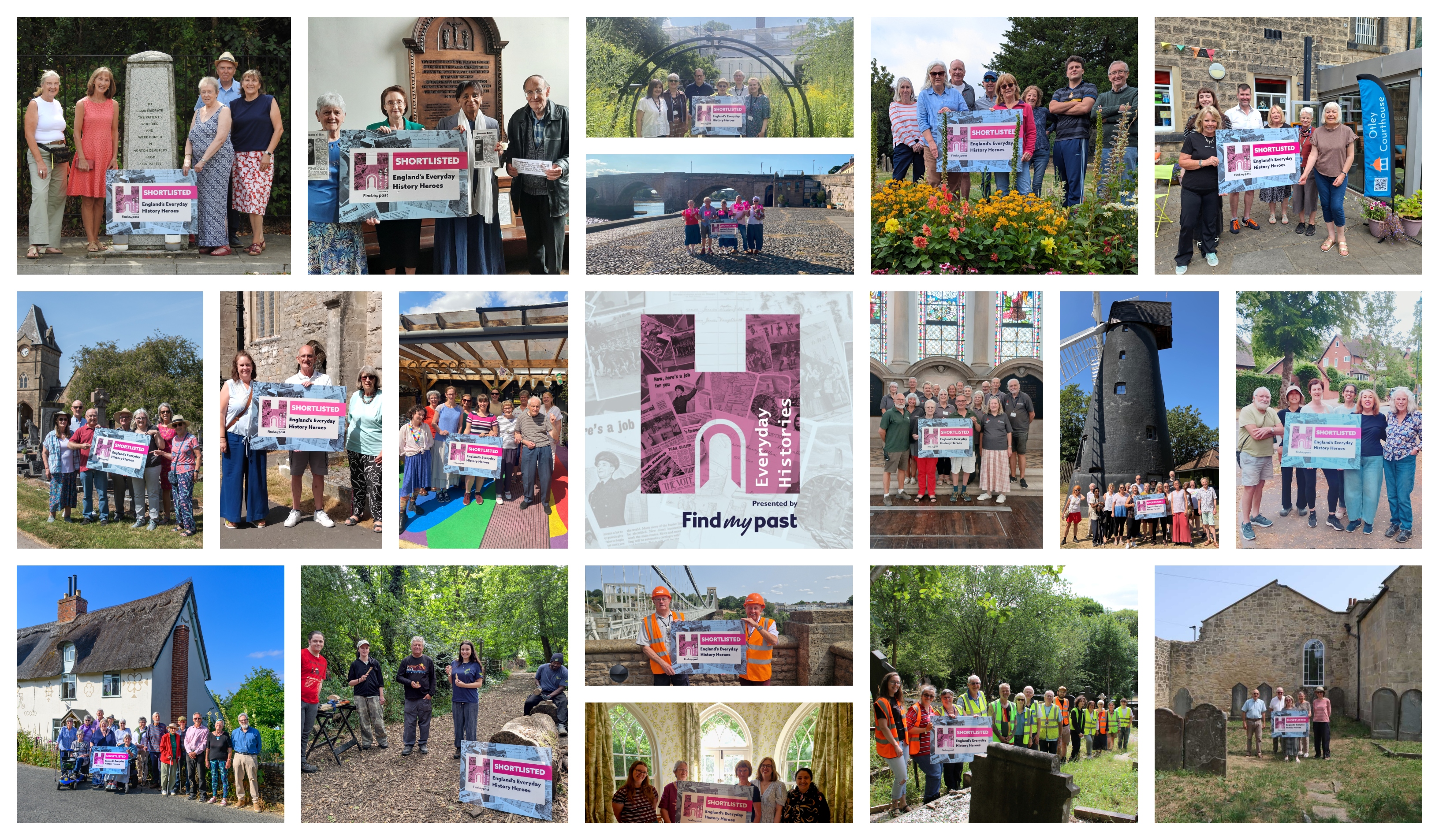 Photo mosaic of images of people holding banners in various locations.