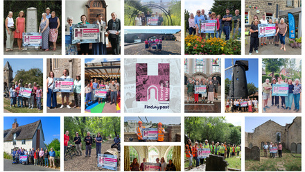 Photo mosaic of images of people holding banners in various locations.