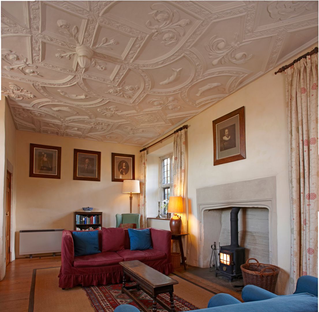 A tall room, the white celing decorated with intricate plaster patterns, the room is made to feel homely with sofa's and bookshelves.