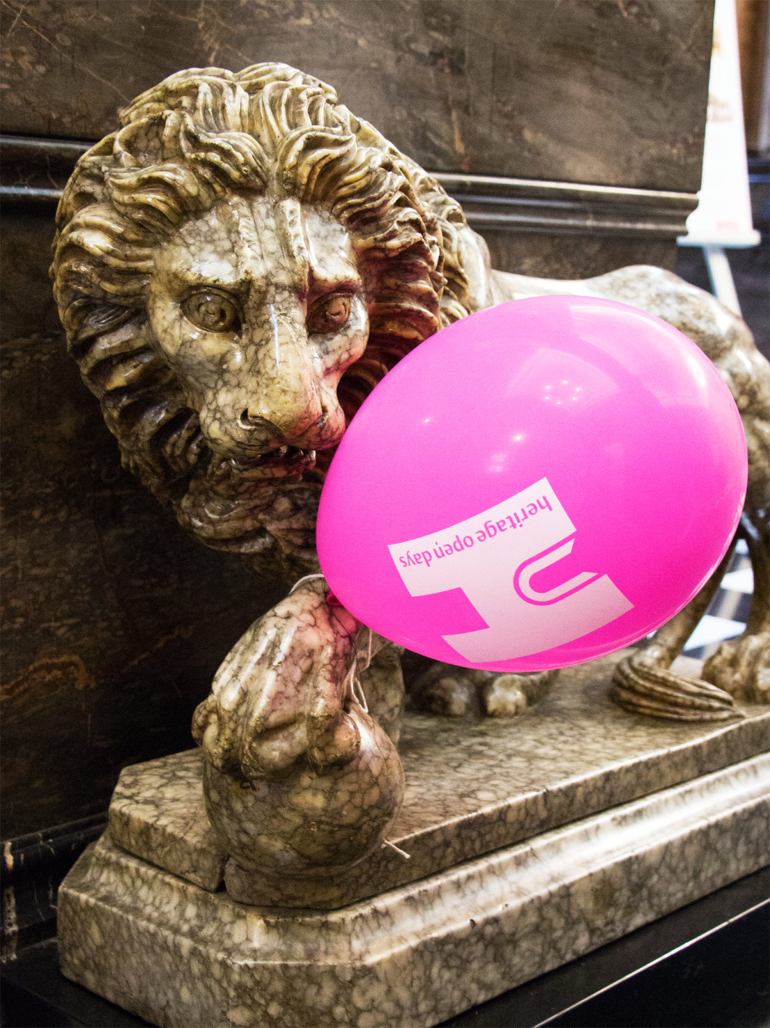 A stone carving of a lion which has had a pink balloon placed near its paws to it appears to be holding the balloon