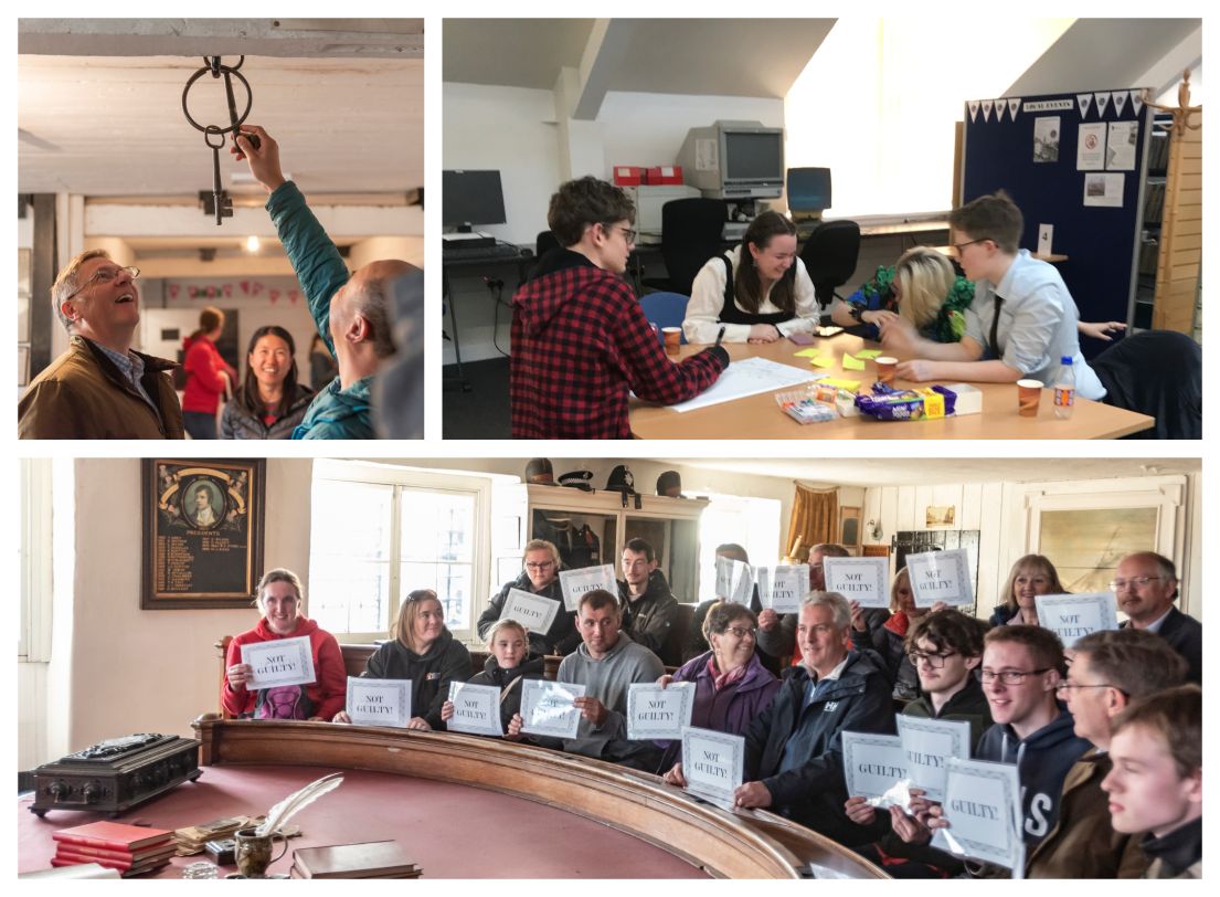 Mosaic of photographs of volunteers planning an event / visitors enjoying it - looking up at a key hung from the ceiling and holding up verdict signs 