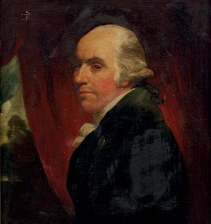 Painting of a Georgian era man with receding hairline, black coat and white neckerchief.