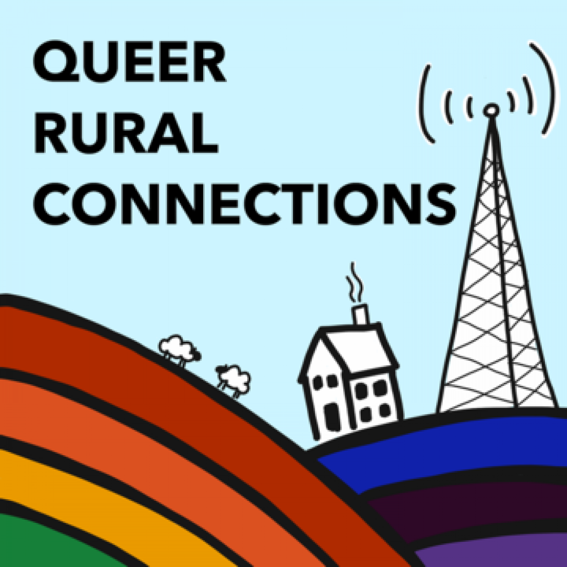 A drawn logo showing trees, a house and signalling tower on coloured pride rainbows. The text reads, Queer Rural Connections.