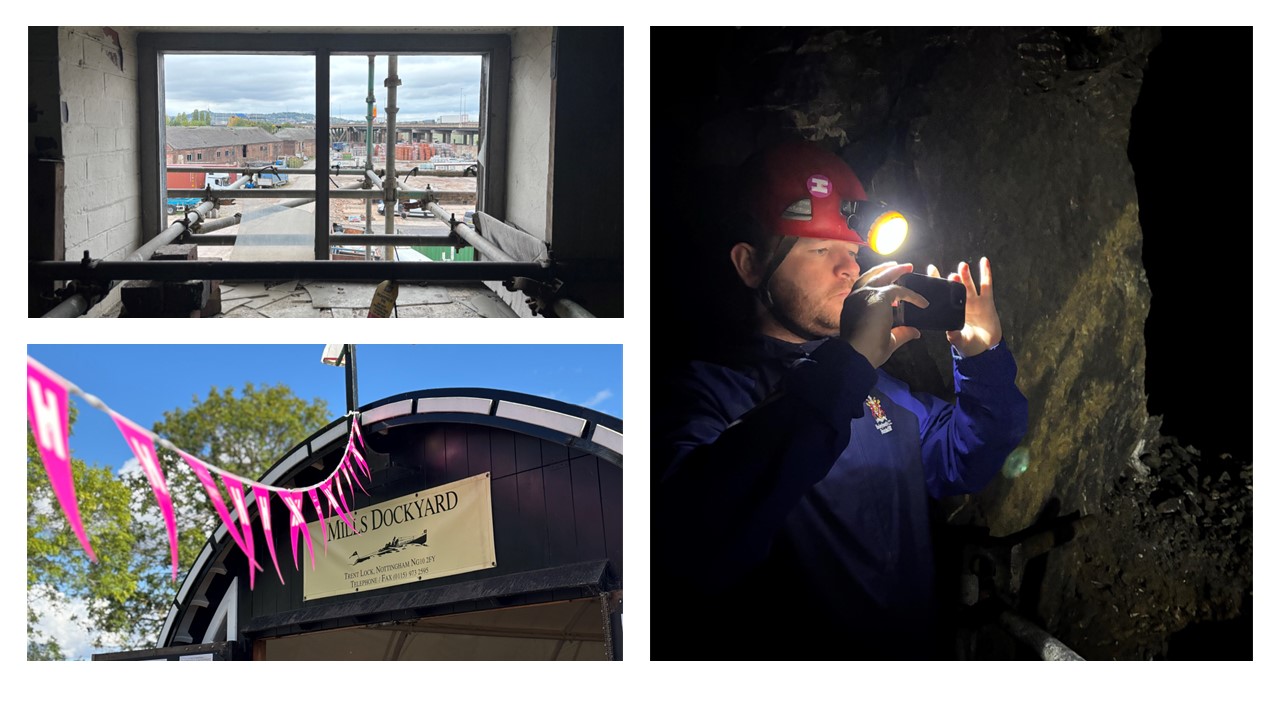 Collage of images: view through scaffolding, man taking photo in tunnel, curved roofline with pink bunting strung from it.