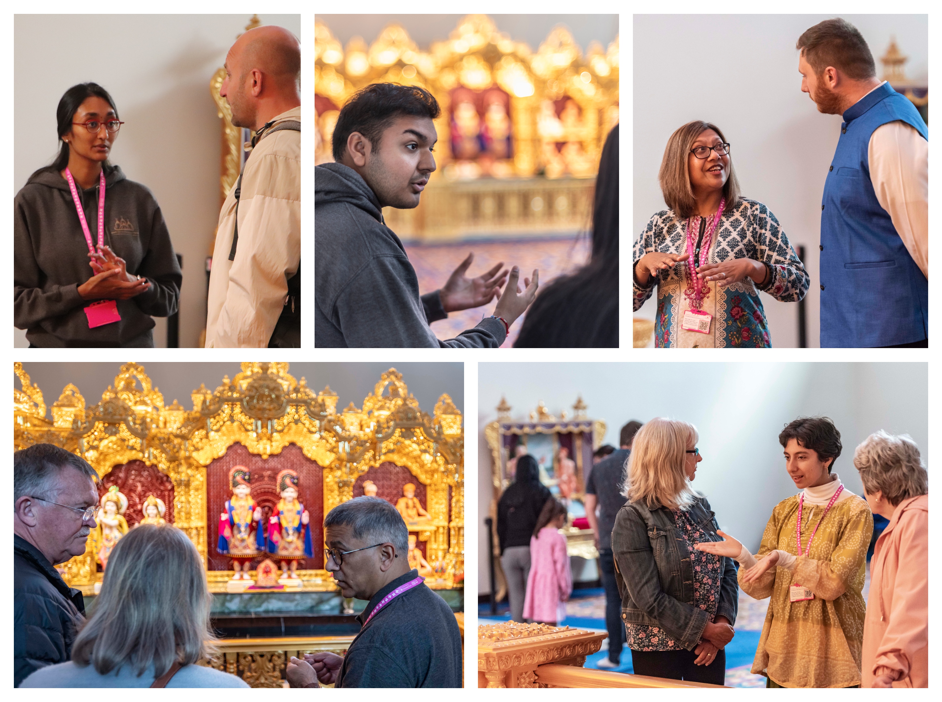 Mosaic of images of volunteers talking to visitors at a Hindu temple.