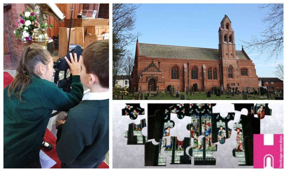 A collage showing the children investigating at St James, a picture of the church and small partially completed puzzle.