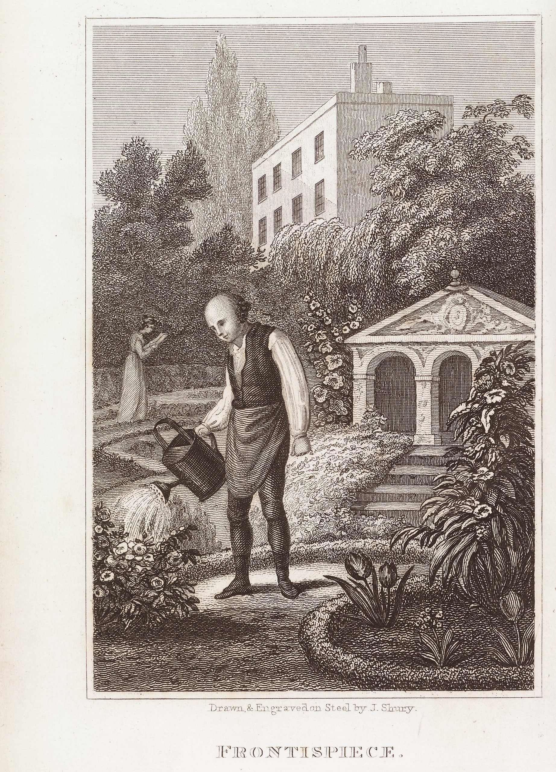 Illustration of a balding man watering the plants in a formal garden with small classical building in the background.