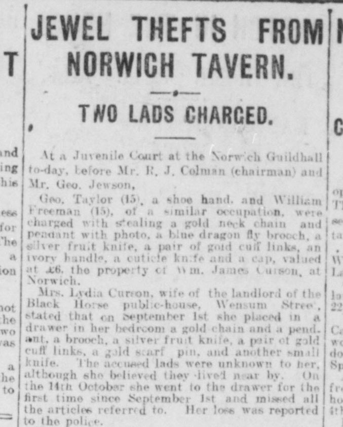 Newspaper clipping with headline: Jewel Thefts from Norwich Tavern.