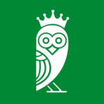 A logo showing a white owl wearing a crown on a green background