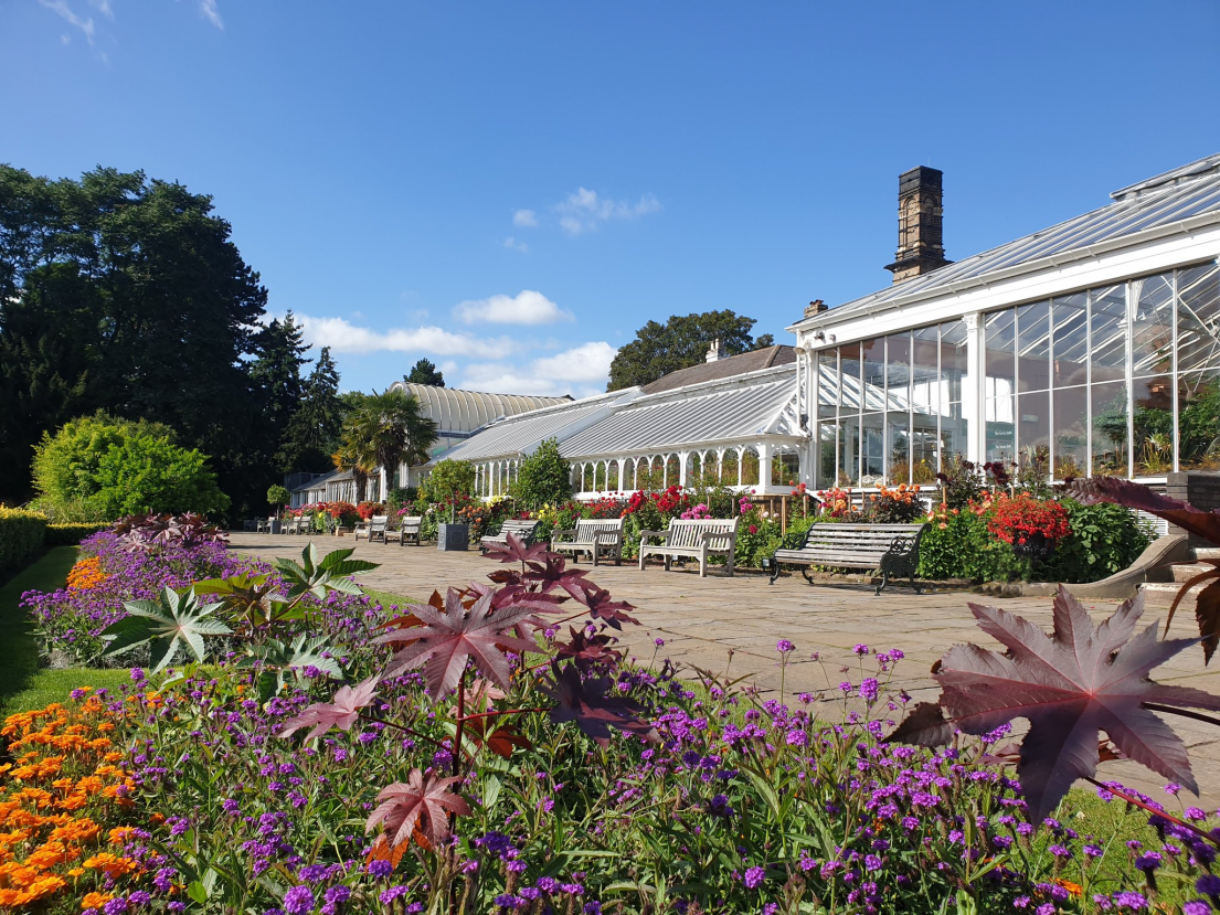 A white painted glass house, with worn wooden benches and potted plants outside. In the foreground a colourful flower bed.