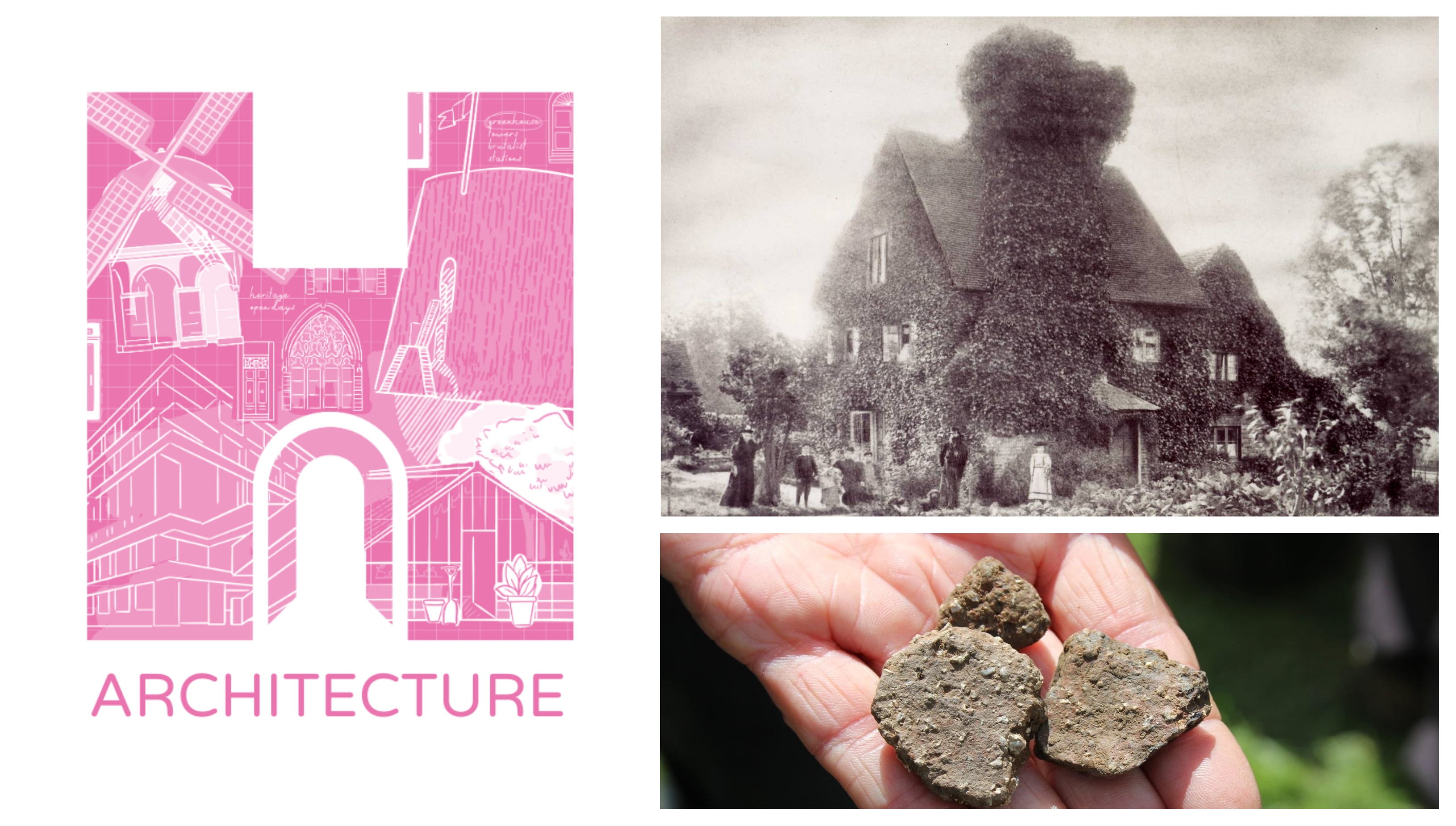 Collage: Old photo of historic house with ivy covering the chimney. Another image of stone pottery shards. A pink architecture logo.